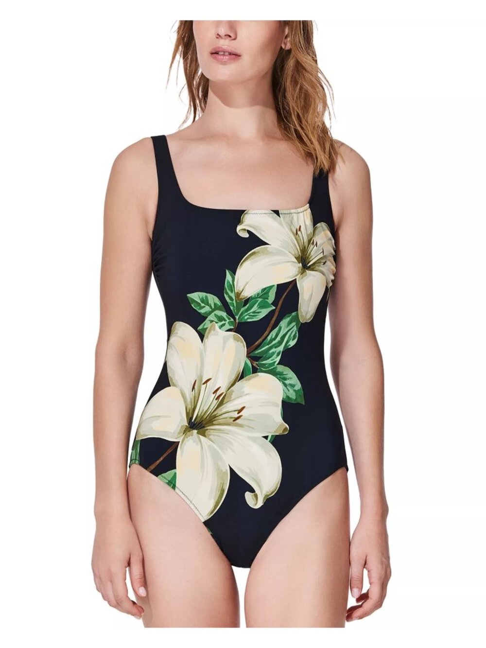 NWT Gottex Yuri Flower Square Neck One Piece Swimsuit Black/Cream Size 6
